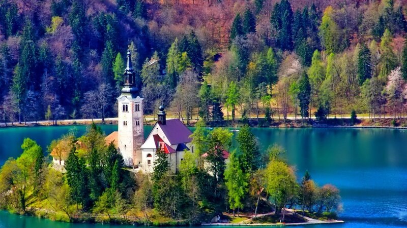Church on Lake Island — Blue, Serene, Spring, Photograph, Forest