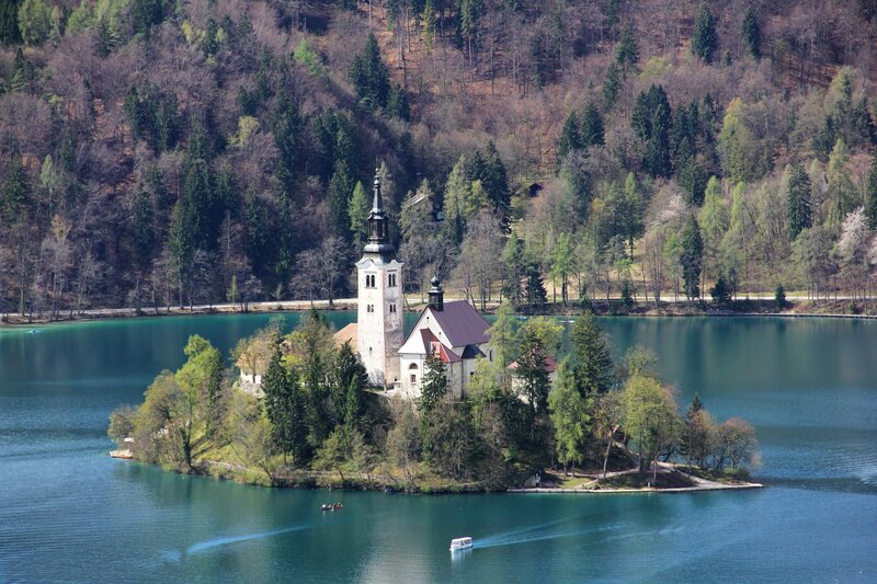 Church on Lake Island — Blue, Serene, Spring, Photograph, Trees