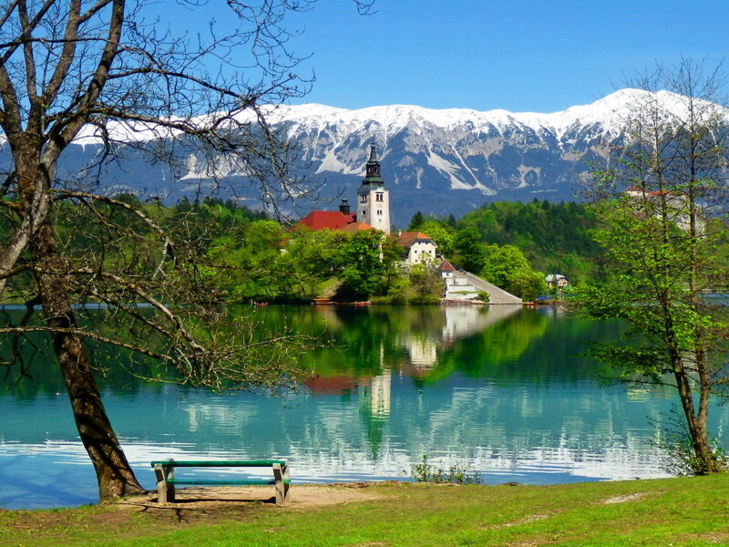 Church on Lake Island — Blue, Serene, Spring