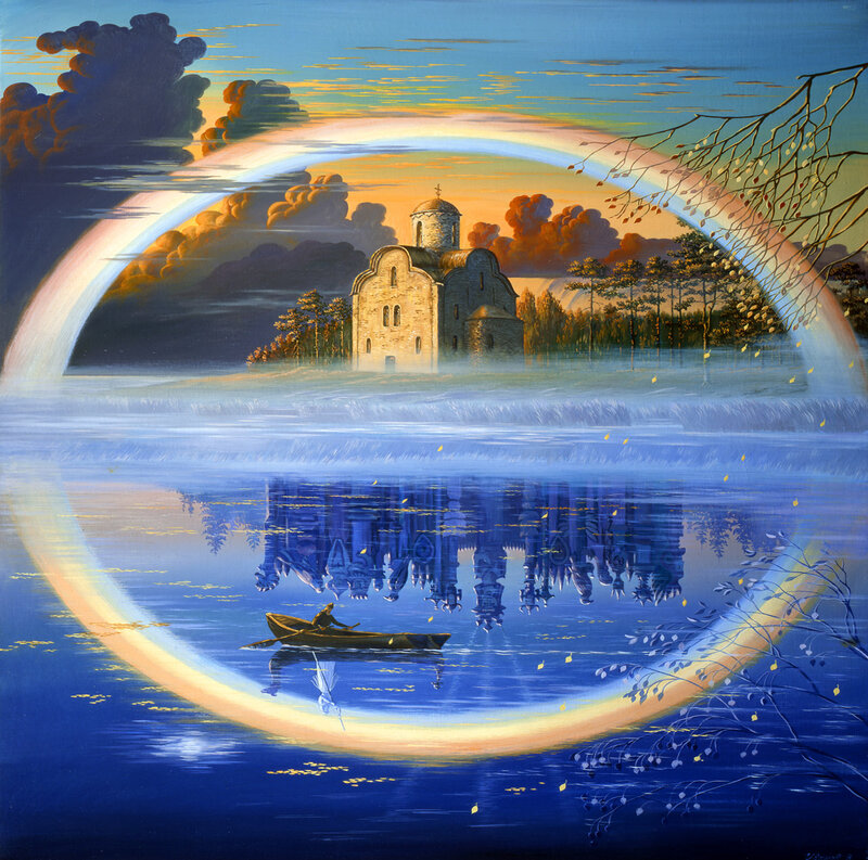 Church on Lake Island — Blue, Serene, Sunset, Painting