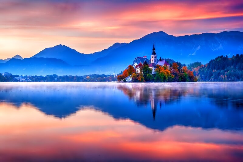 Church on Lake Island — Blue, Serene, Sunset, Photograph