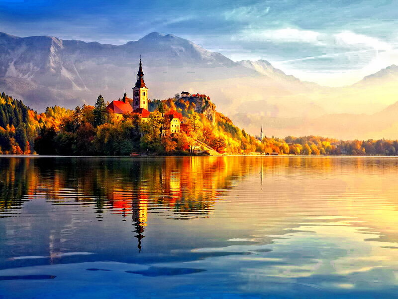 Church on Lake Island — Blue, Serene, Sunset