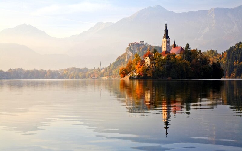 Church on Lake Island — Blue, Serene