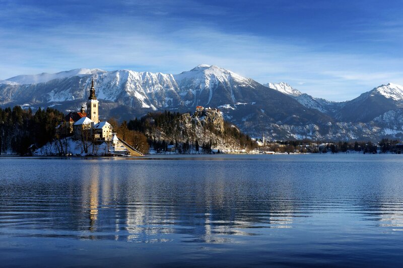 Church on Lake Island — Blue, Serene, Winter, Photograph