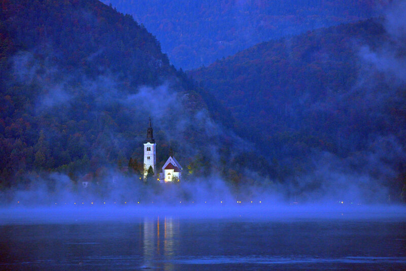 Church on Lake Island — Blue