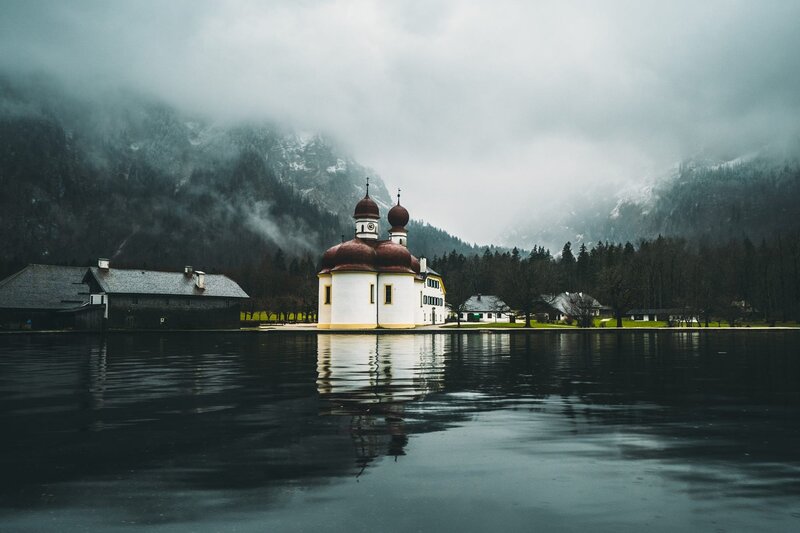 Church on Lake Island — Gray