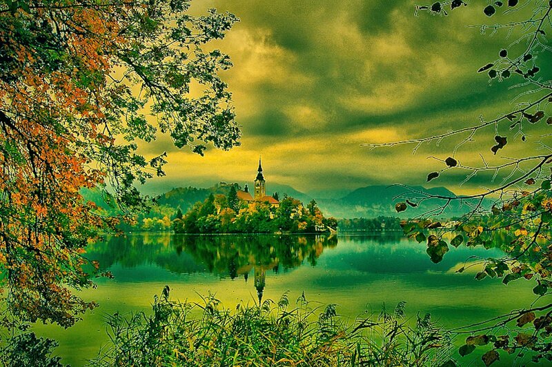 Church on Lake Island — Green, Dramatic, Autumn