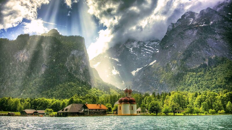 Church on Lake Island — Green, Dramatic