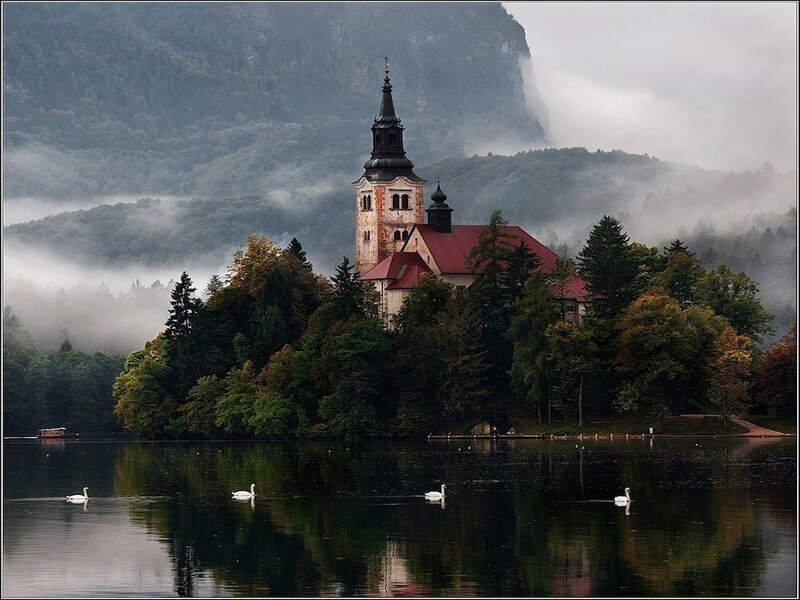 Church on Lake Island — Green, Serene, Morning