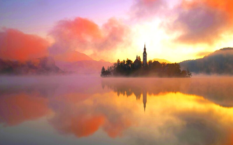 Church on Lake Island — Orange, Serene