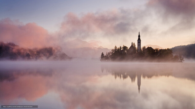 Church on Lake Island — Pink, Serene, Morning