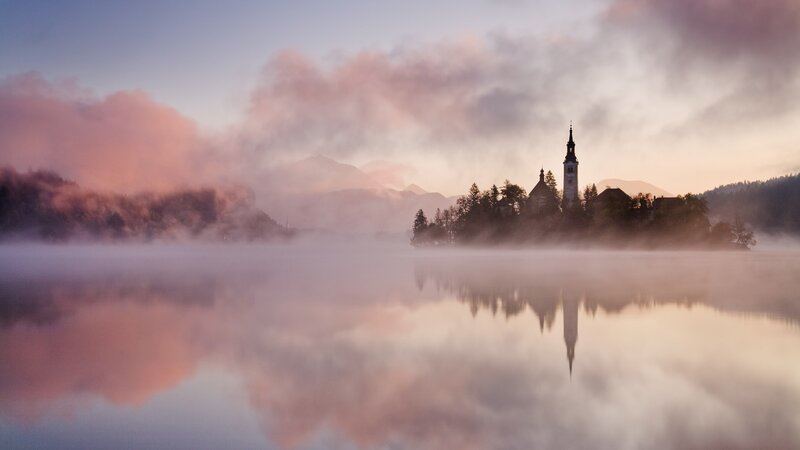 Church on Lake Island — Pink, Serene