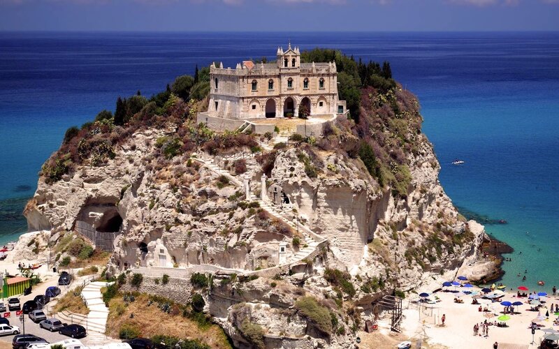 Church on Rocky Cliff — Blue, Serene, Afternoon, Photograph