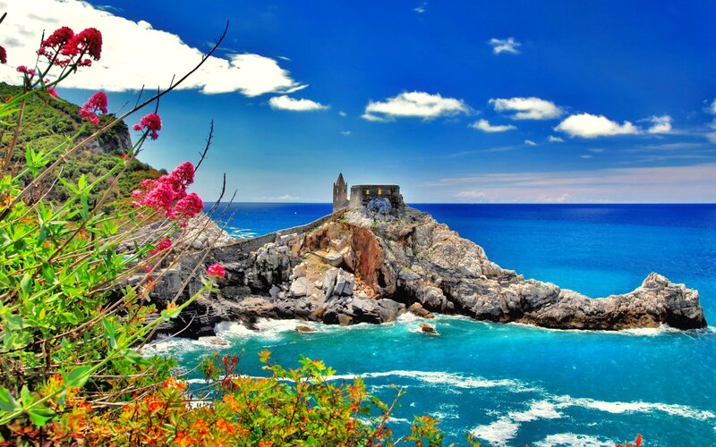Church on Rocky Cliff — Blue, Serene
