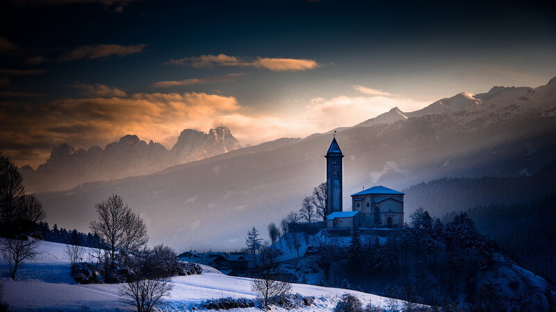 Church on Snowy Hill — Blue, Dramatic