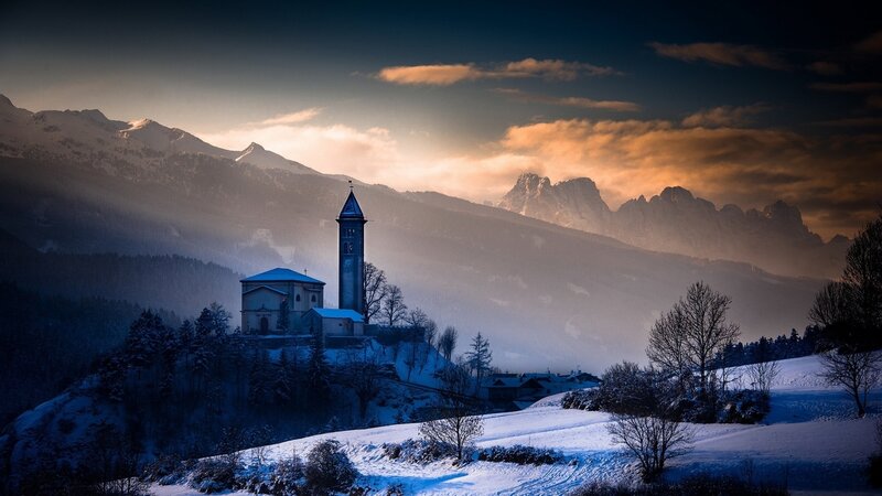Church on Snowy Hill — Blue, Dramatic, Winter