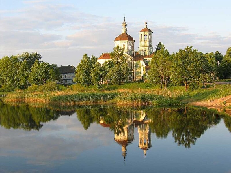 Church reflected in a lake