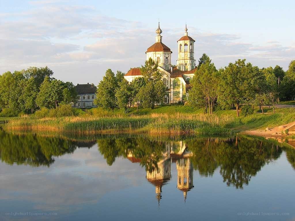 Church reflected in a lake