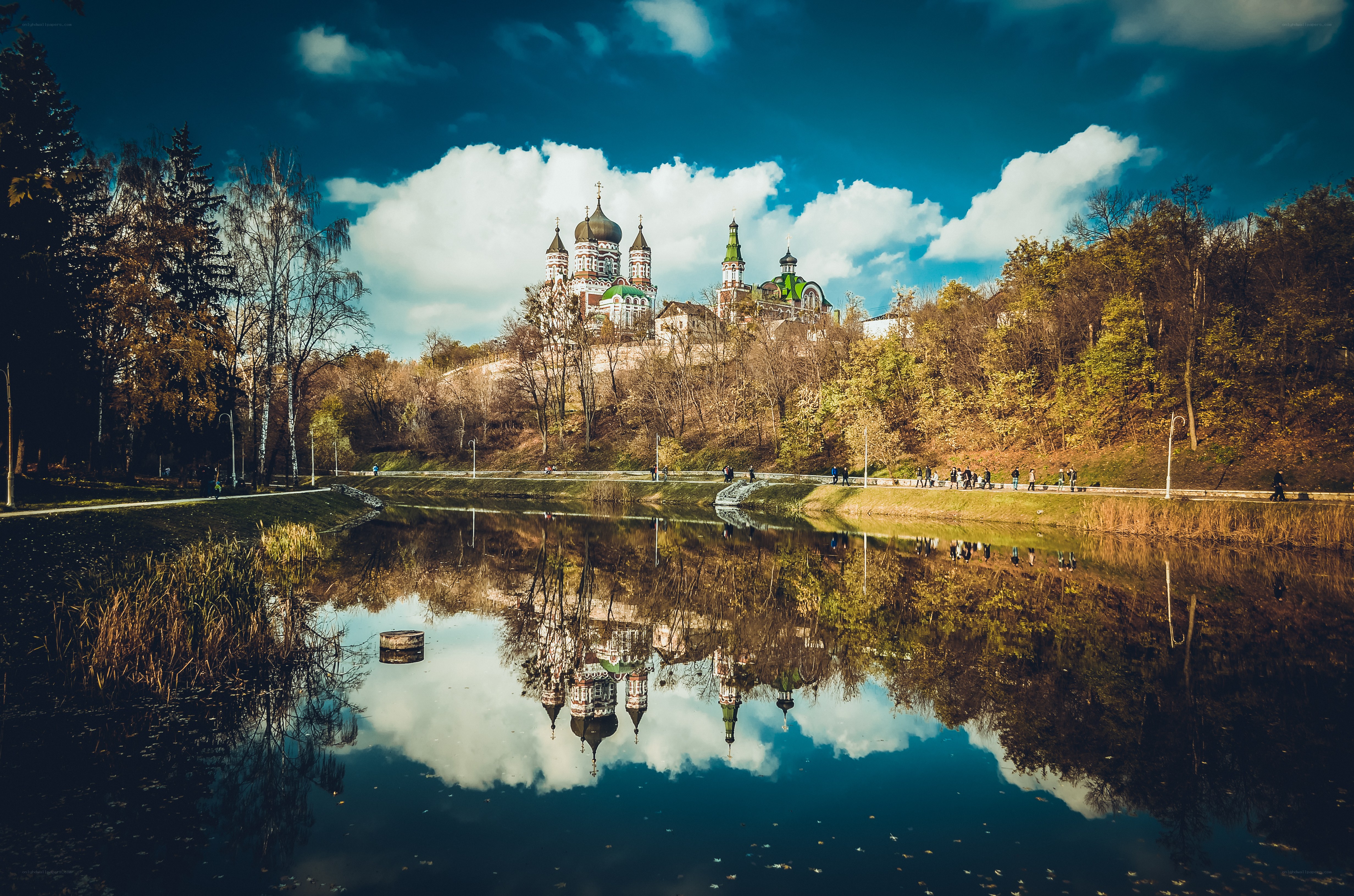 Church reflected in a lake