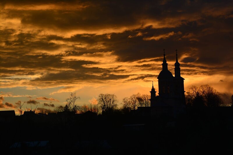 Church Silhouetted at Sunset