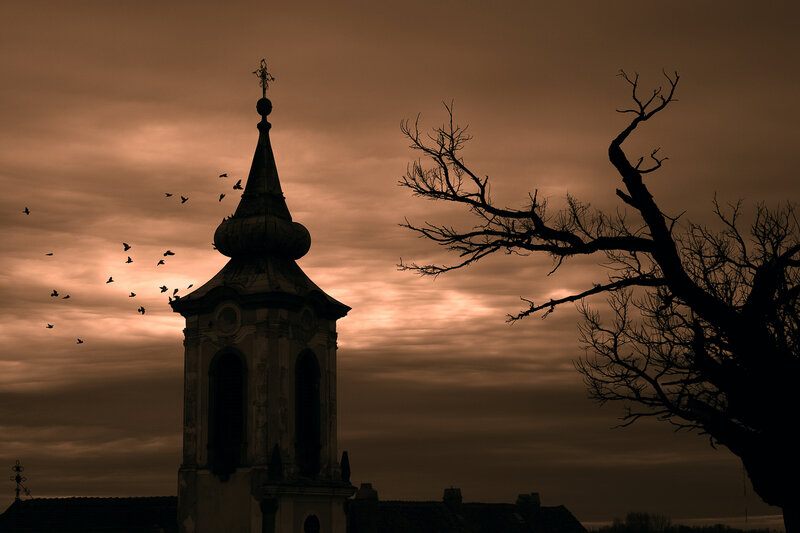 Church Steeple at Dusk — Brown