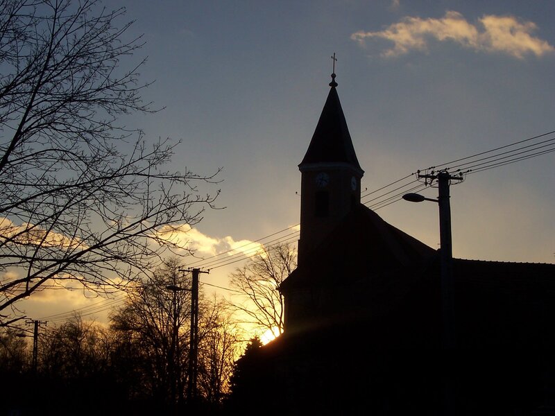Church Steeple at Sunset — Blue