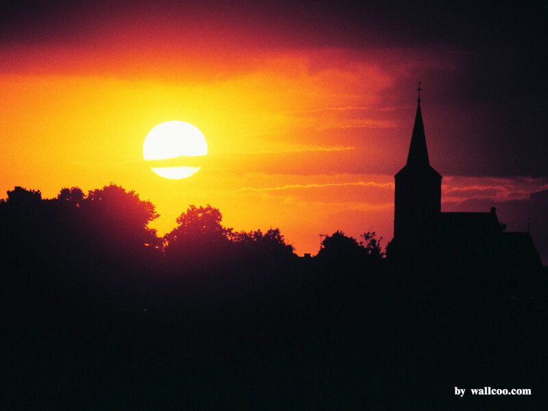 Church Steeple at Sunset — Orange, Dramatic