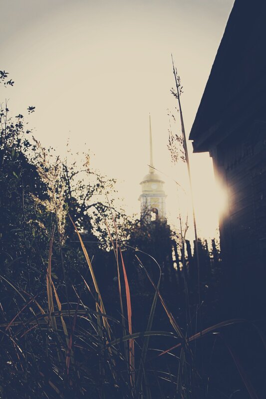 Church Steeple at Sunset — Yellow, Serene