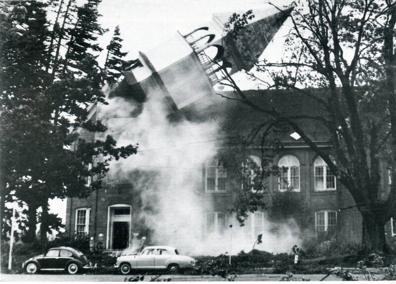 Church steeple collapsing during storm