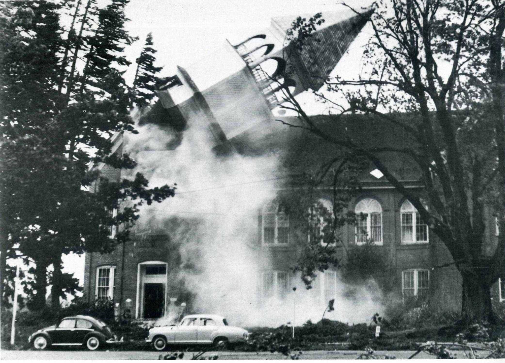 Church steeple collapsing during storm