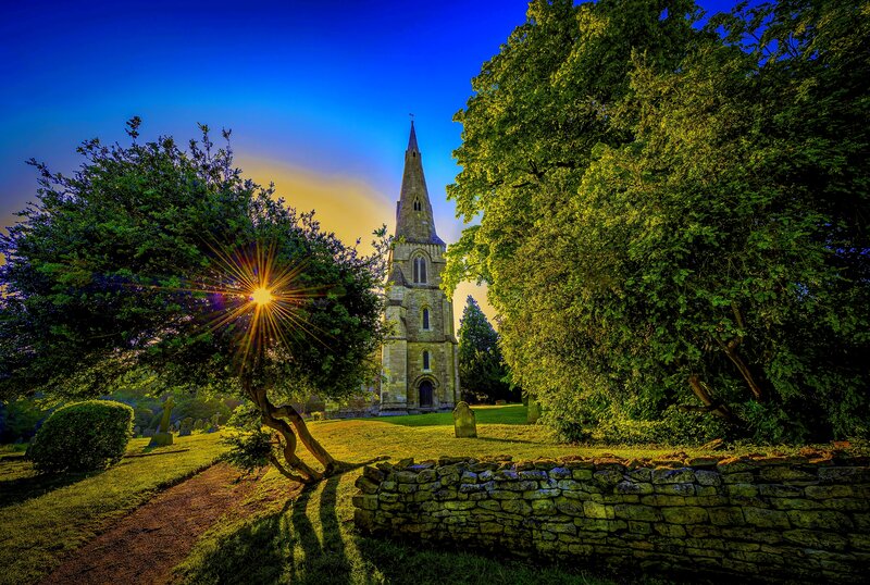 Church Steeple in Graveyard — Blue