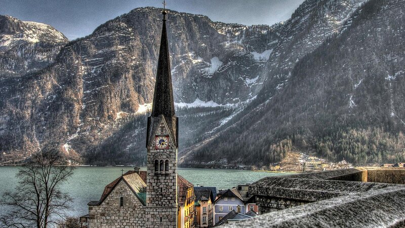 Church Steeple in Mountains — Gray