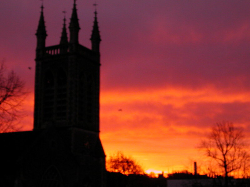 church tower at sunset