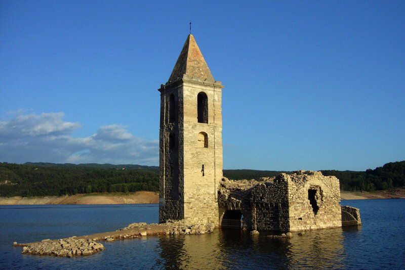 Church tower in a lake