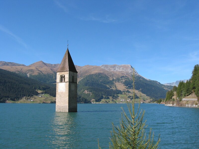 Church tower in a lake