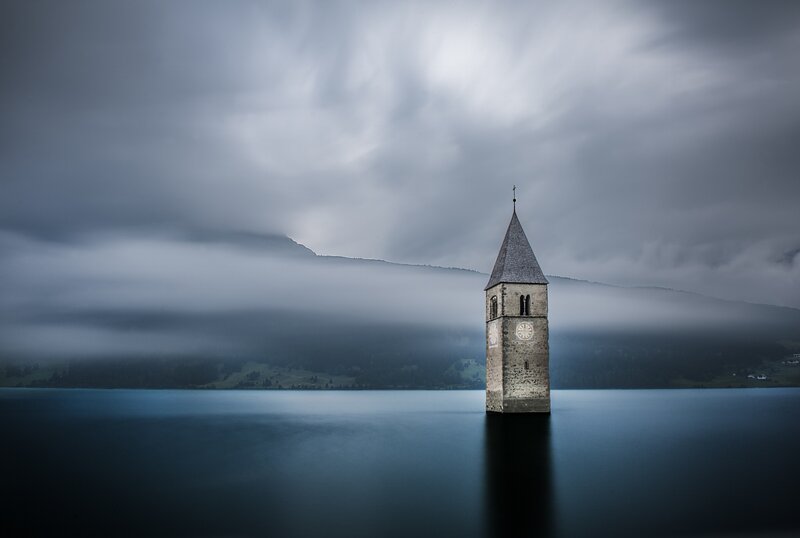 Church Tower in Lake — Blue, Dramatic