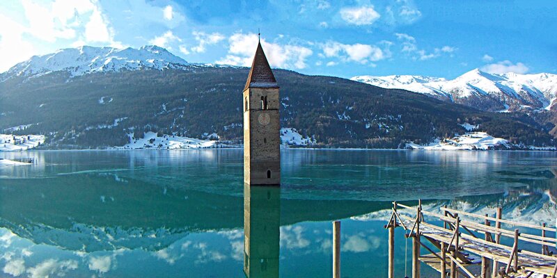 Church Tower in Lake — Blue