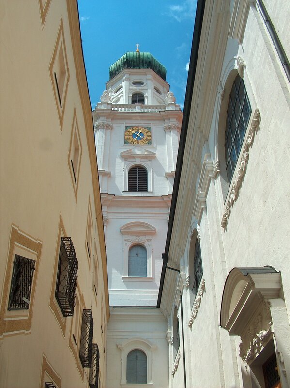 Church tower viewed from alley