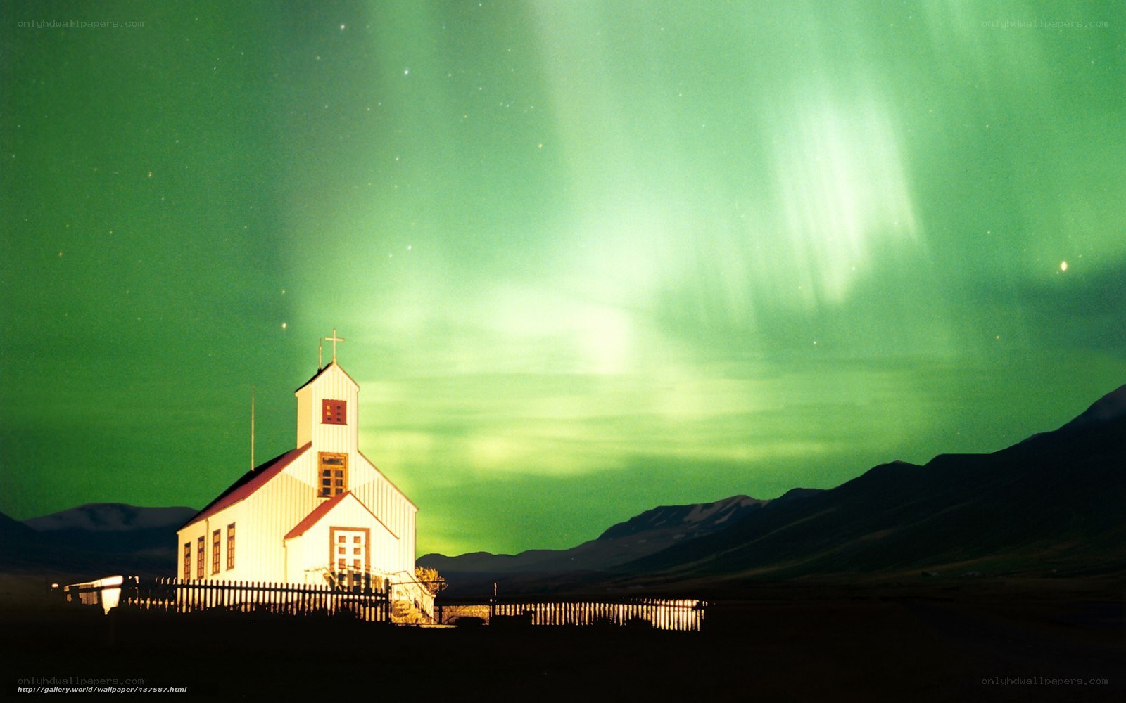 Church under aurora borealis