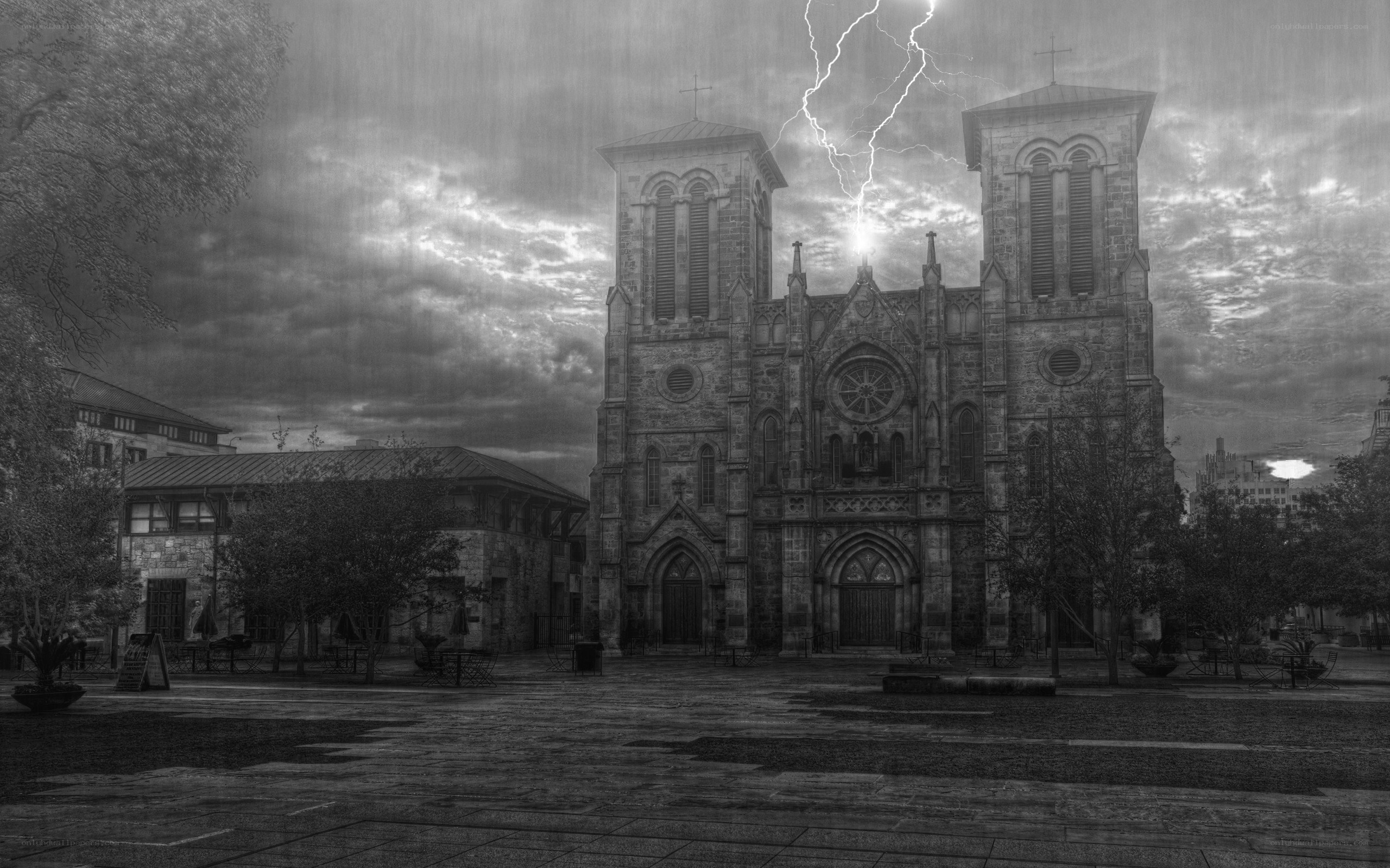 Church under stormy sky
