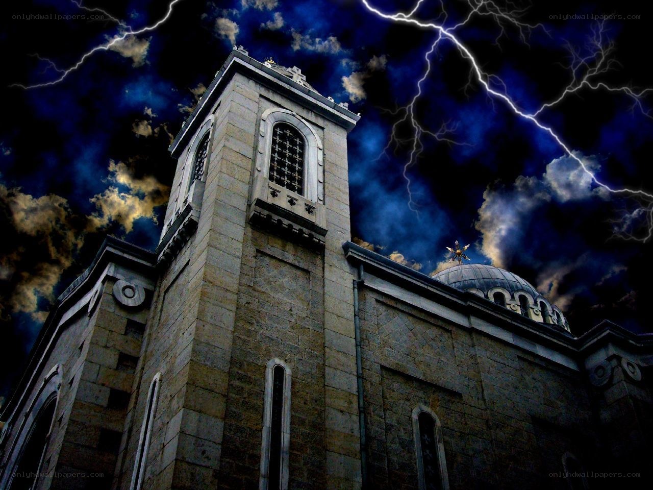 Church under stormy sky