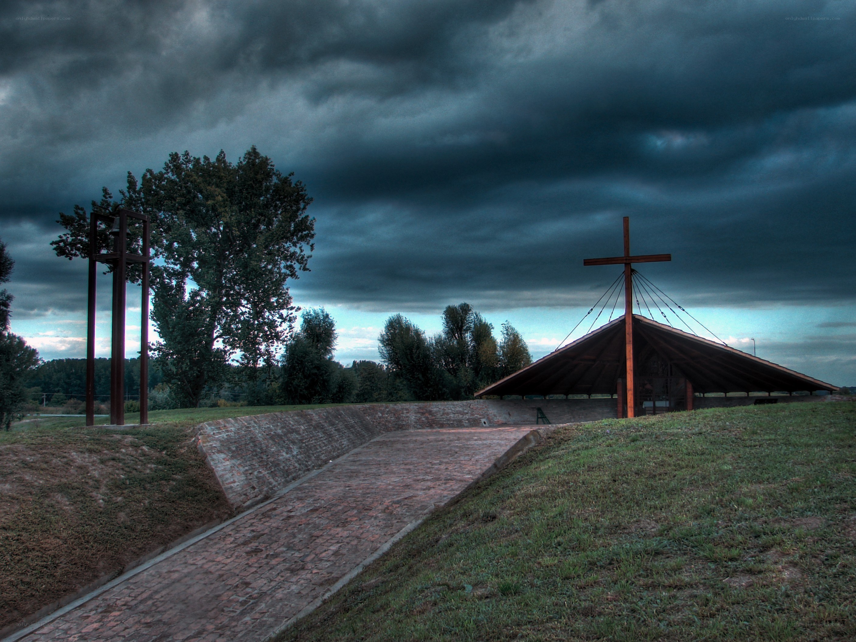 Church under stormy sky