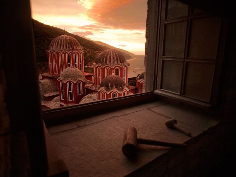 Church view from window at sunset