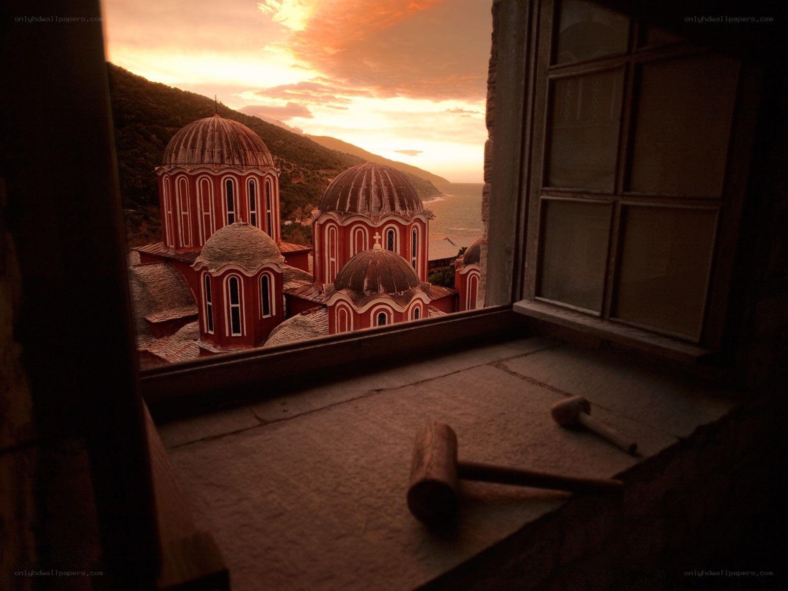 Church view from window at sunset