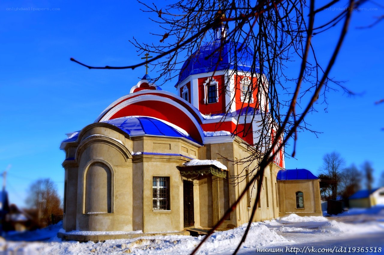 Church with blue domes in winter