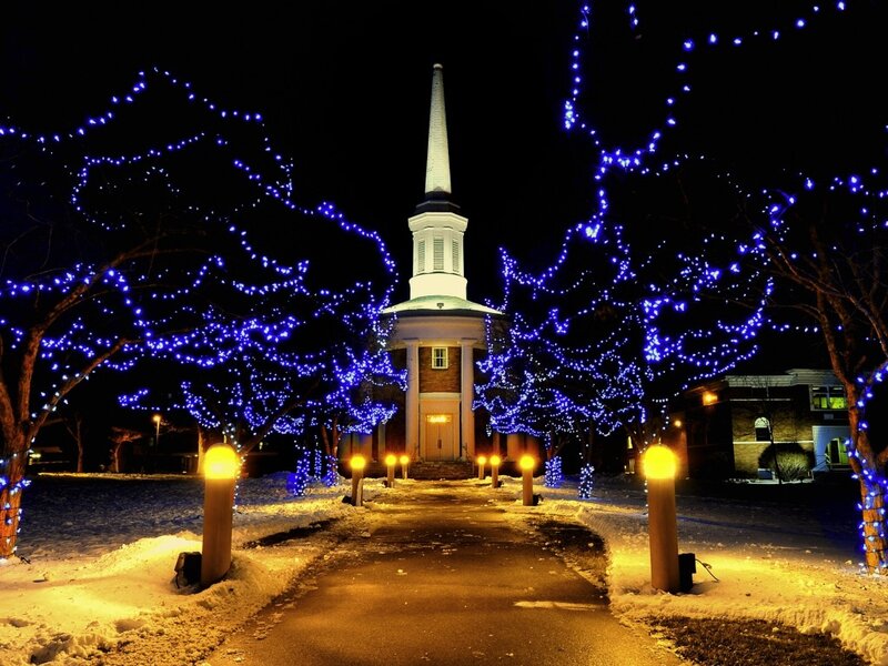 Church with Blue Lights — Festive