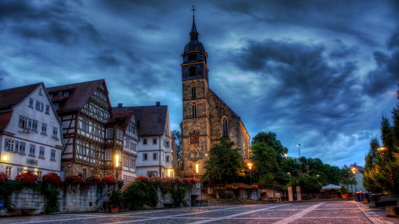 Church with Clock Tower — Blue