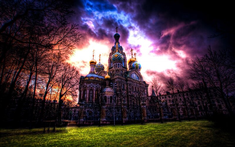 Church with colorful domes at sunset