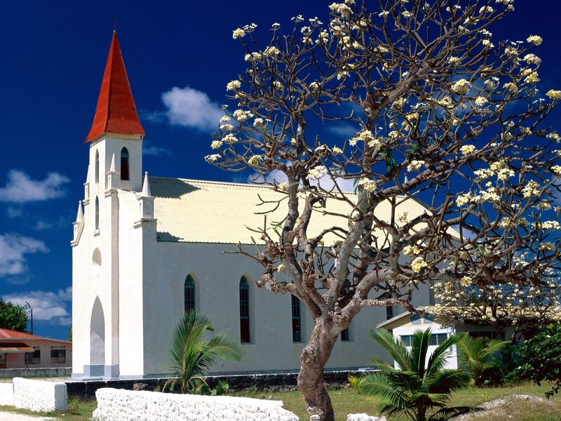 Church with flowering tree