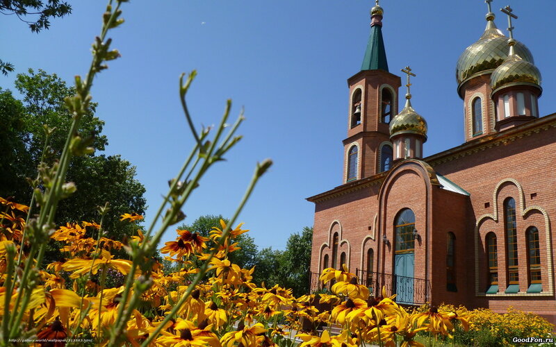 Church with golden domes and flowers